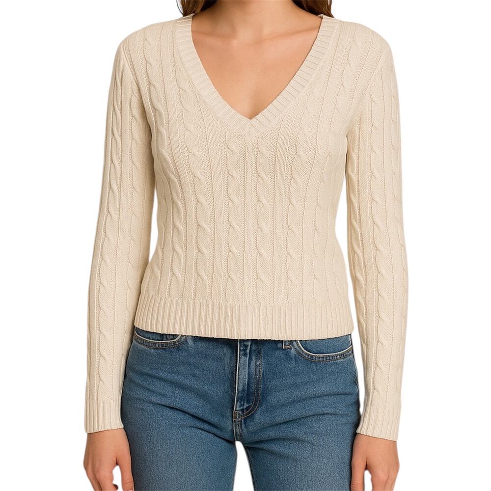 Brandy Melville Cream Cable Knit V-Neck Sweater Soft Cozy Classic Knitwear Baisc